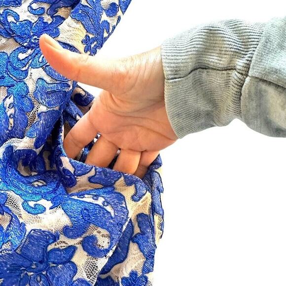 Eliza J Blue Lace Cap Sleeve Fit Flare Dress Pockets Womens Petites Size 12P - Picture 11 of 15